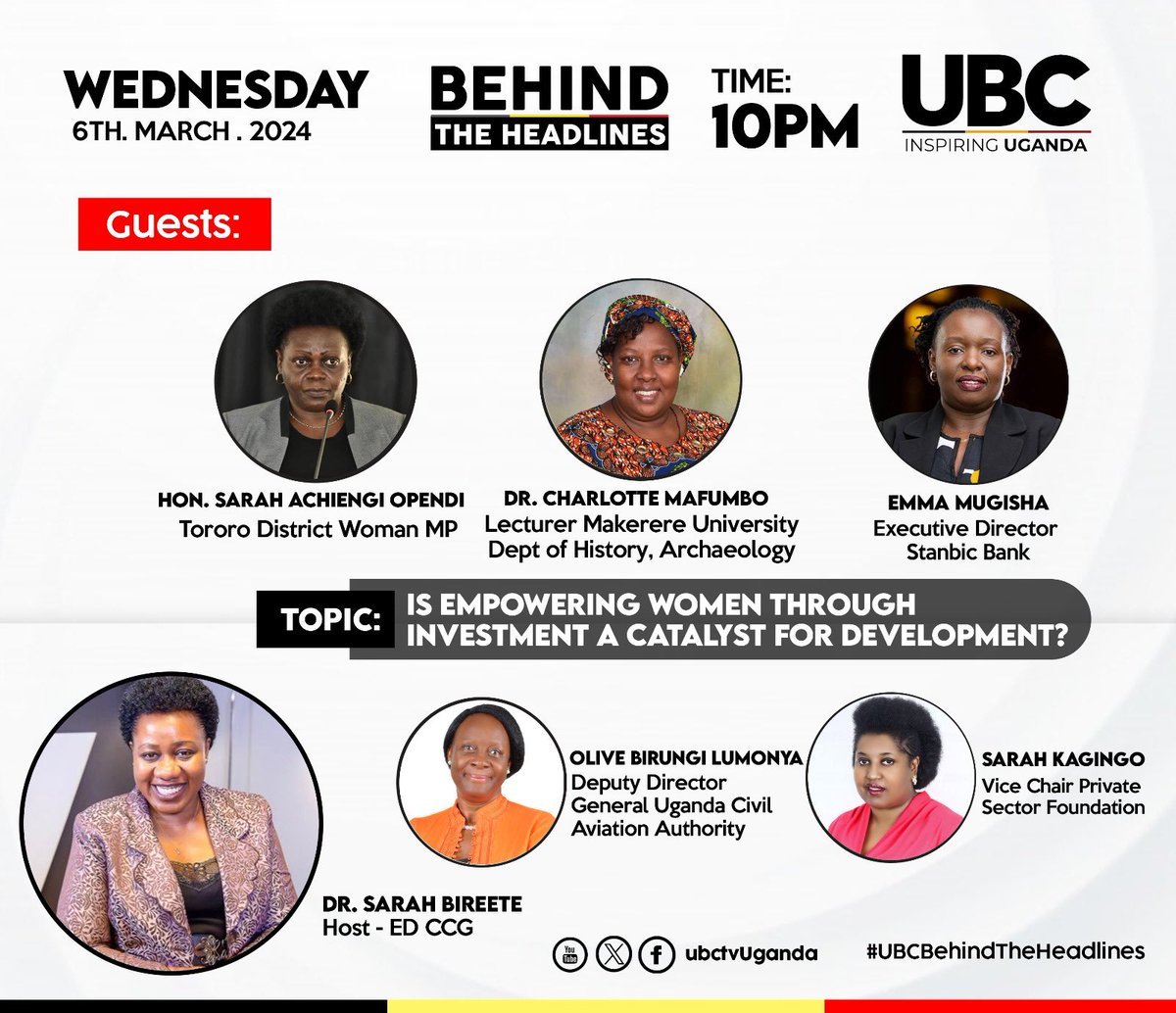 We celebrate Women’s Month this way @ubctvuganda, the host @SarahBireete Let’s me her panel @SsaliSarah @SarahKagingo @LumonyaOlive What milestones have been achieved for the girl-child? Would the support to the boy-child complement the efforts more? #UBCBehindtheHeadlines