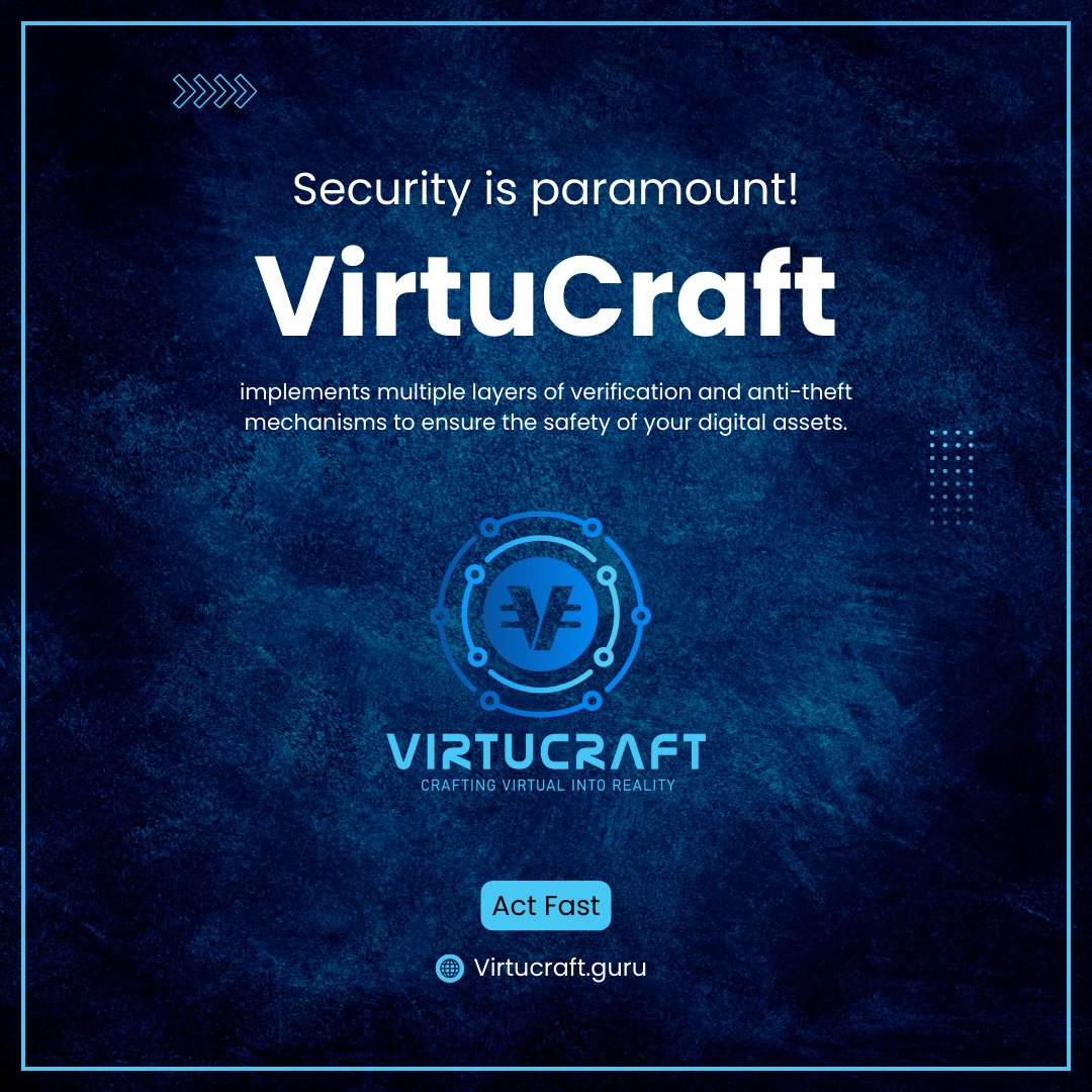 Security is paramount! 🔒

VirtuCraft implements multiple layers of verification and anti-theft mechanisms to ensure the safety of your digital assets.

#Security #Blockchain #NFT