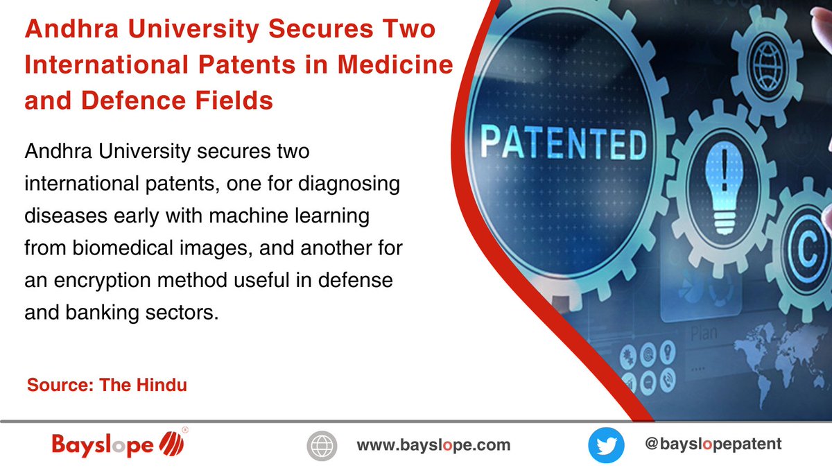 Bayslopepatent's tweet photo. Andhra University marks a milestone with dual international patents in medicine and defense sectors.

#AndhraUniversity #InternationalPatents #MedicalInnovation #DefenseTechnology #InnovationInMedicine #MachineLearning #EncryptionMethod #BiomedicalImaging #TechAdvancement https://t.co/9f8rTmbwrk