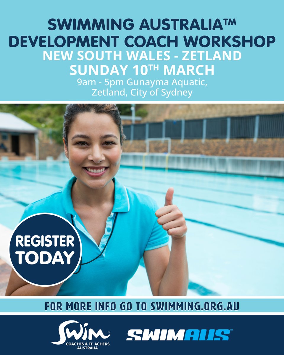 Enrolled in a Development Coaching course and need a face-to-face workshop? Head to Swim Central to register. For course information, follow the link: swimming.org.au/get-involved/c… Must be enrolled in the full course via Swim Central. Questions? Email coaching@swimming.org.au