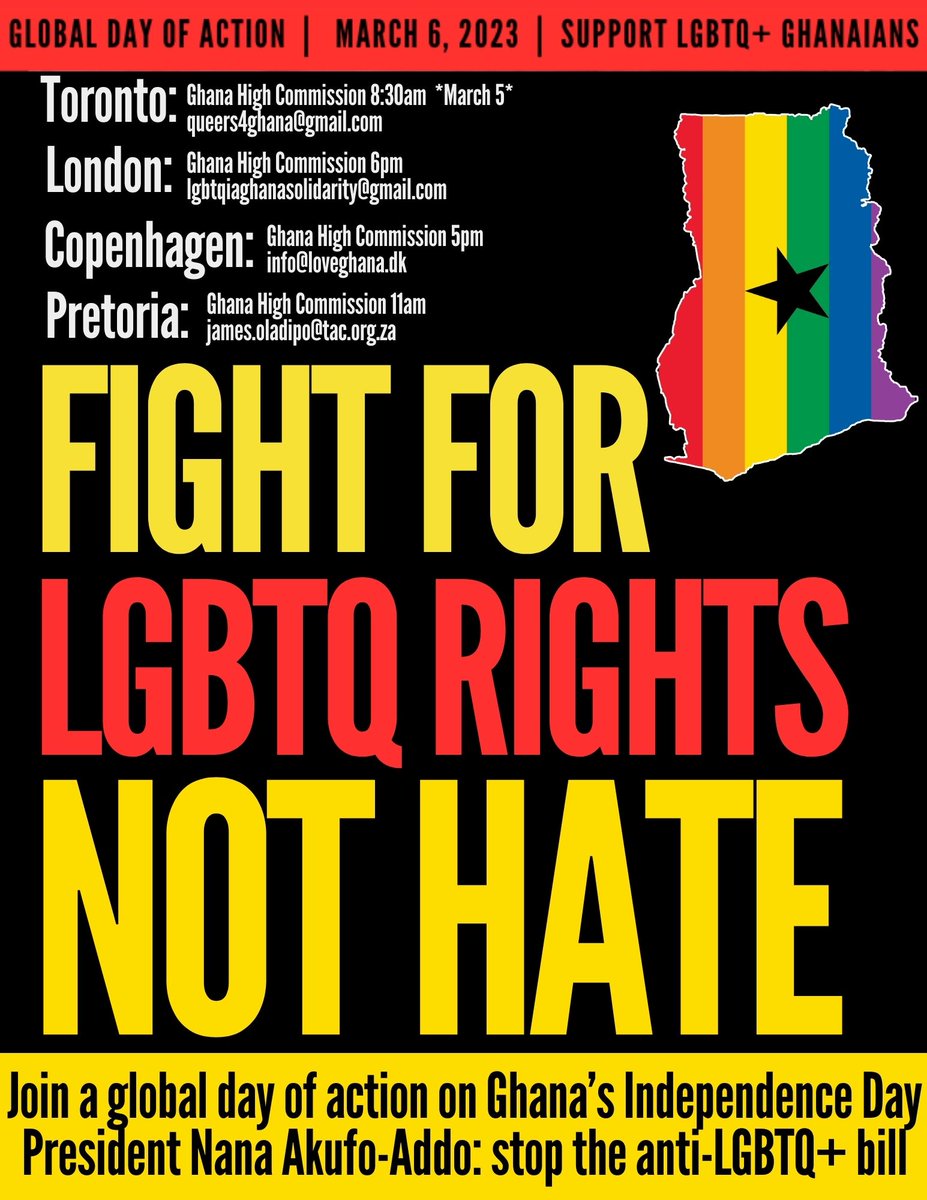 📢Today is #GhanaAt67 🇬🇭 and activists are protesting in London, Copenhagen, Toronto, Pretoria calling on Pres @NAkufoAddo: Reject Ghana's new anti-LGBTQ+ bill & stand for Constitutionally enshrined rights to equality, speech, non-discrimination -> bit.ly/LGBTQPrideGhana