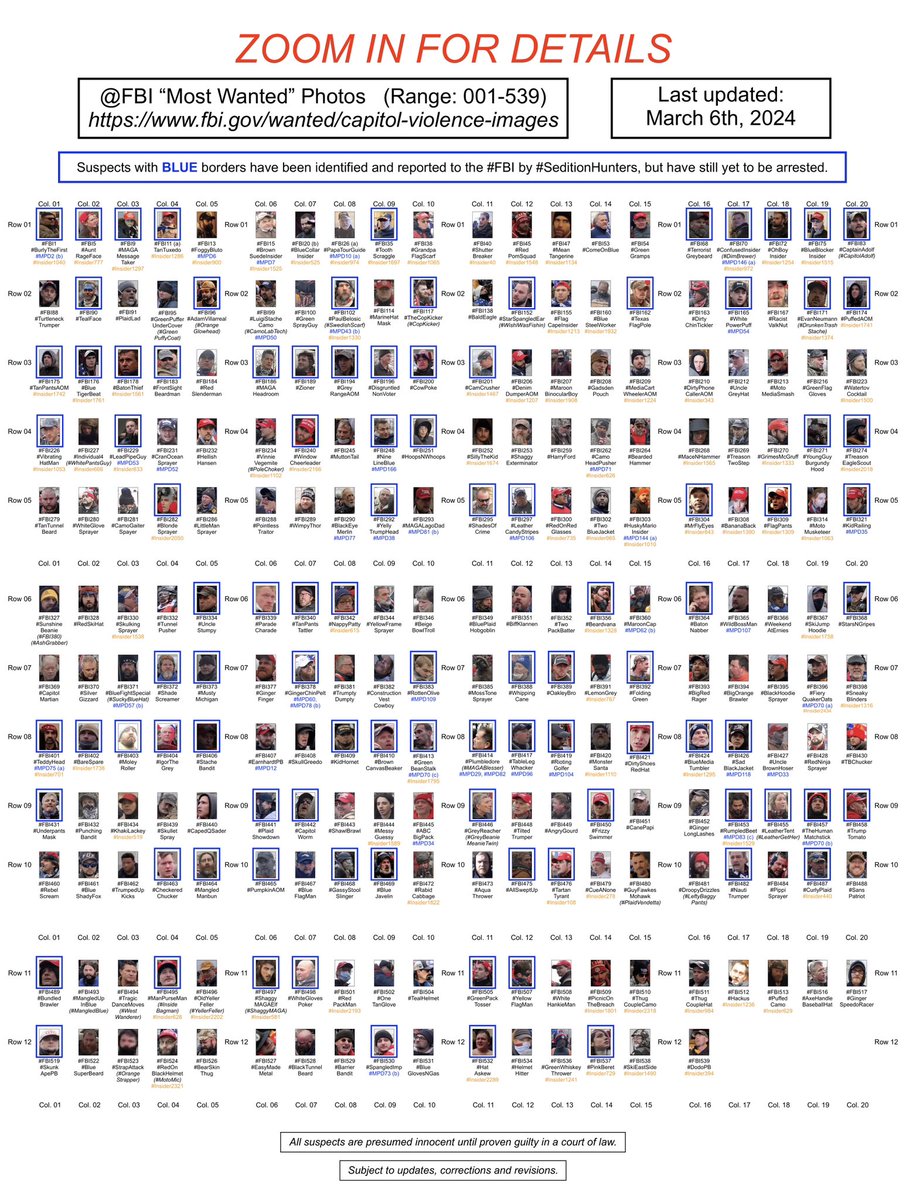 Updated poster of #FBI #Jan6 wanted-list suspects (#BOLO).  

ZOOM IN FOR DETAILS.

Link: fbi.gov/wanted/capitol…

#BOLOPoster0306
#SeditionHunters #DoYouKnow? 
#Jan6 #J6
#DCRiots #CapitolRiots 
#CapitolAssault #CapitolAttack