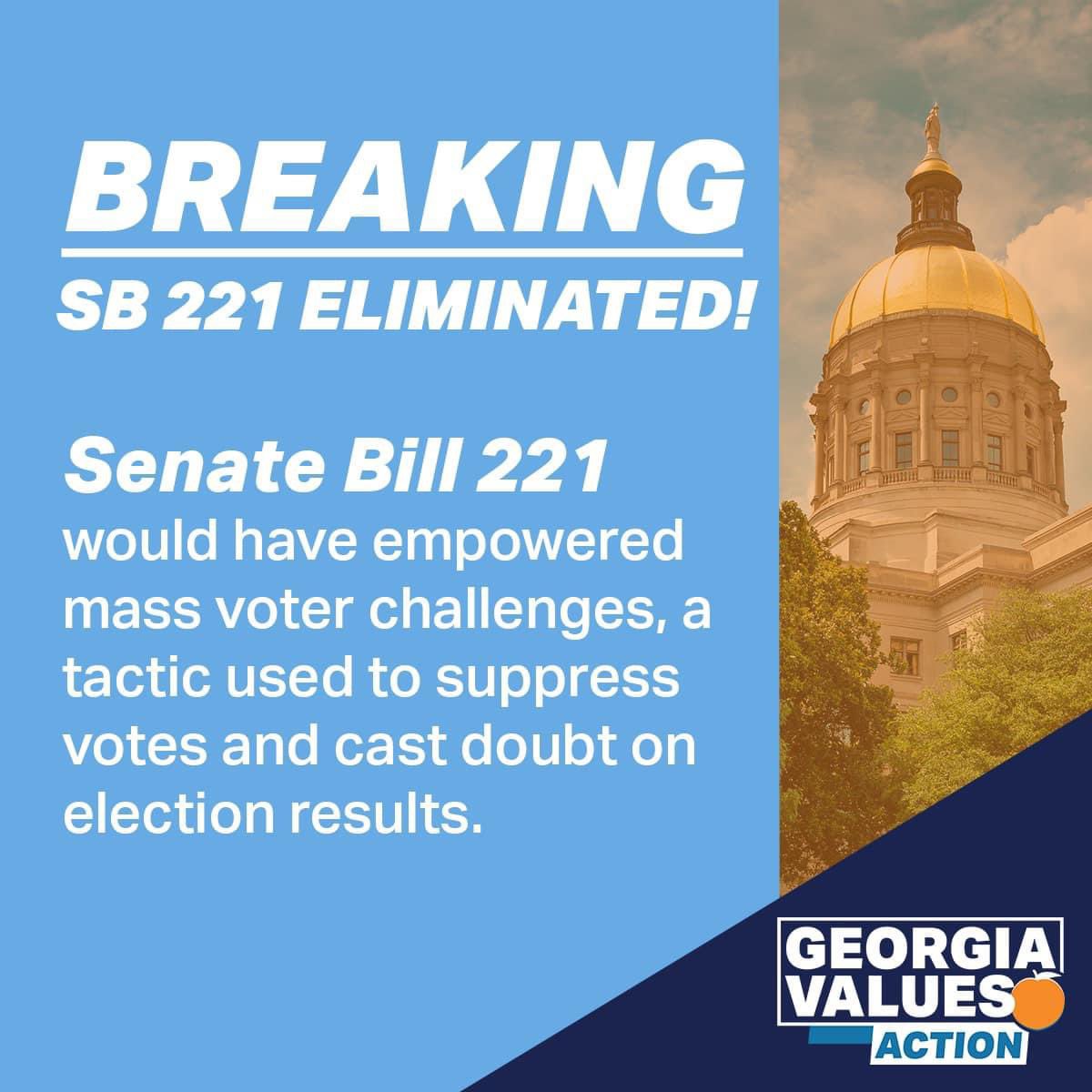 🎉🗳️📣 Georgia’s Crossover Day closed last week with a win for democracy with the defeat of SB221! Defeating this bill was our main legislative priority b/c it would have drastically changed—& made more difficult—how Georgians vote. (1/2)