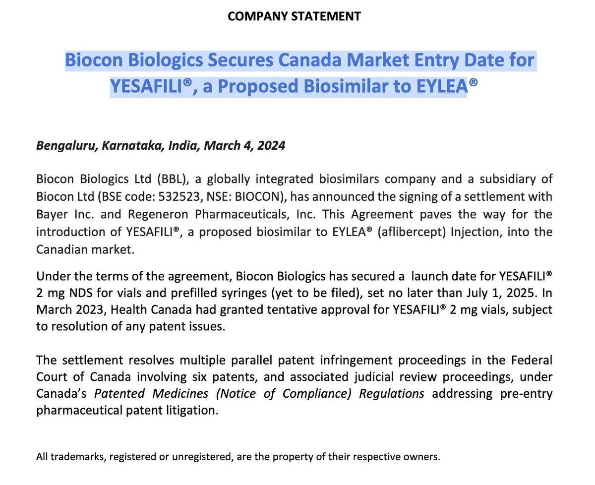 Aflibercept | Biosimilar | Patent Settlement

Biocon Biologics secures Canada market entry date for
Yesafili® (Aflibercept), a proposed biosimilar to Eylea

Ref: Biocon March'24
