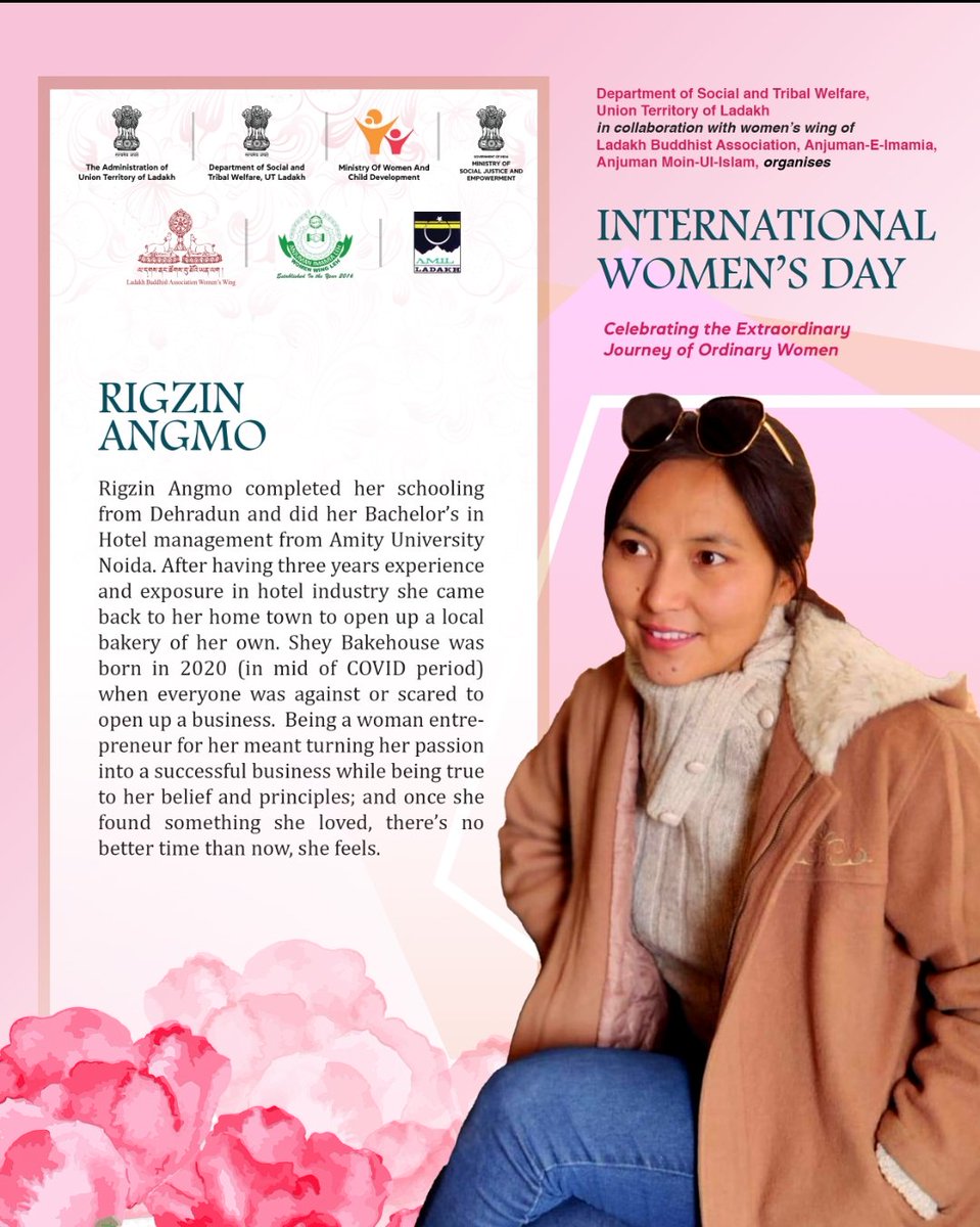 InternationalWomensDay2024

Celebrating the Extraordinary Journey of Ordinary Women of #Ladakh

#SHEis Rigzin Angmo
<a href="/MinistryWCD/">Ministry of WCD</a>
<a href="/LadakhSecretary/">Secretary UT Ladakh</a> <a href="/SocialLadakh/">Social and Tribal Welfare Ladakh</a>