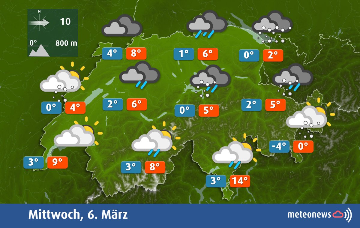 MeteoNewsAG's tweet image. Nach trüber Nacht geht es heute trüb weiter. In der Deutschschweiz ist es bewölkt und mit Schwerpunkt entlang der Alpen oft nass. #Schnee fällt ab 500-800 m, regional schneit es vorübergehend ganz runter (#Zentralschweiz). Im Süden trocknet es ab. meteonews.ch (km)