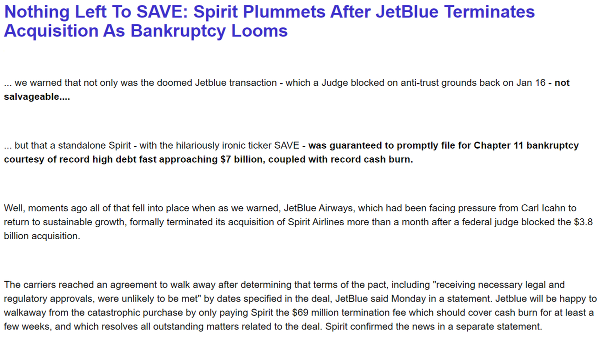 救済(SAVE)出来る物は何もない：JetBlueによる買収計画も断念され、Spirit航空($SAVE)は救済されずに破綻申請へ

→ハードランディングの速度が速すぎる
→金融業界も買収によって破綻を防ごうとしているが、果たして…
