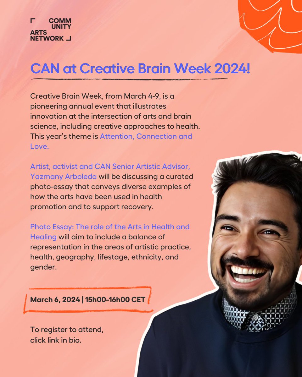 Join artist, activist and #CAN Senior Artistic Advisor, <a href="/yazmany/">Yazmany Arboleda</a> today for a session at #CreativeBrainWeek, presenting a photo-essay that conveys examples of how the #arts have been used in health promotion and support recovery. Register: rb.gy/r9uril 
#socialimpact