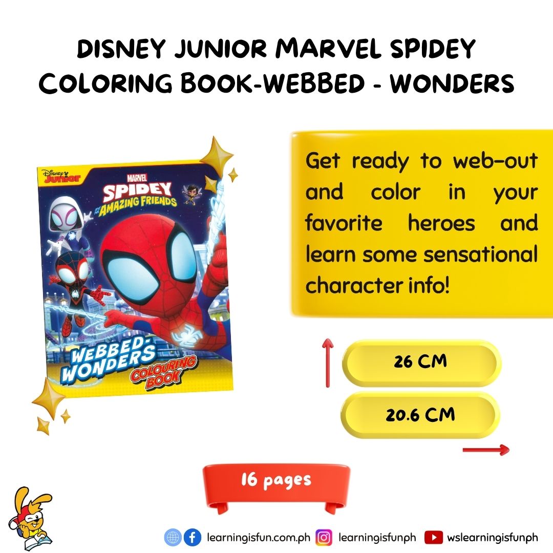 Learningisfunrs's tweet image. Swing into Action with Disney Junior Marvel Spidey - Webbed Wonders Coloring Book! Let your creativity soar with 16 pages of thrilling adventures starring everyone's favorite neighborhood hero, Spider-Man!
Get ready to web-out and embark on an epic coloring for only Php 99.00.