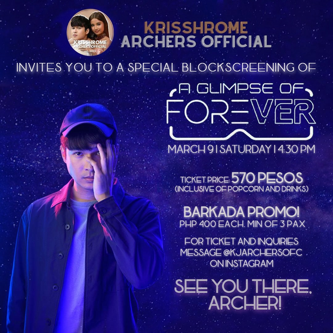 Hello Archers! We’re inviting you to OUR UPCOMING Block Screening for A Glimpse of Forever starring our dear @ponce_jerome together with Ms. @.jascurtissmith @.diegoloyzaga and directed by @.jplaxamana! 

PM for more information and to reserve your slot! SEE YOU THERE! 🤎🏹