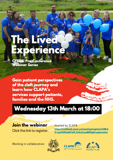 What can we learn from people who have lived with cleft lip and palate?

Join the CFSGBI pre-conference webinar hosted by CLAPA next Wednesday 13th March at 18:00 GMT.

Register here: us06web.zoom.us/meeting/regist…