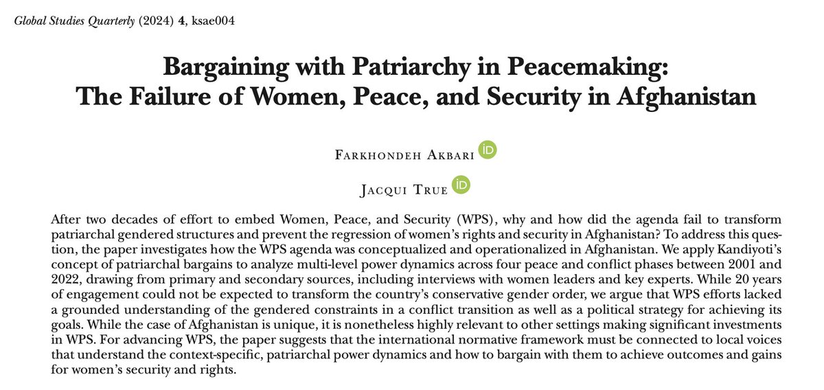 🚀See our @GSQ_Journal on failures of Women, Peace & Security in Afghanistan. We frame gender dynamics as ‘patriarchal bargaining’ in phases of military intervention, institutionalisation, peacemaking & Taliban engagement in the last 22 years. #WPS 📝OA🔗 academic.oup.com/isagsq/article…