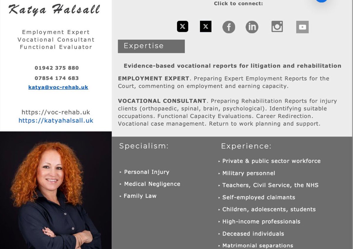 In my work as an Employment Expert/Vocational Consultant, it’s important to build a solid foundation on which to base my opinion.I use  a functional approach to comment on claimants/clients’ capacity for work &amp; earnings potential voc-rehab.uk
#VocRehabUK #KatyaHalsall