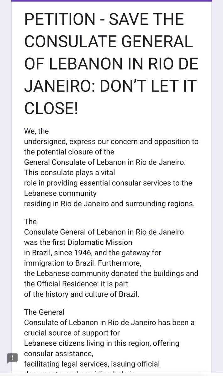 Let’s try to save the #Lebanese #consulategeneral of #riodejaneiro 
as current government looks to cut the lifeline of millions of Lebanese with their homeland
لنحاول وقف قرار اقفال قنصلية #لبنان في #البرازيل 
وقطع العلاقات مع ملايين اللبنانيين
Sign on : forms.gle/5xbNLvM3S8FycP…