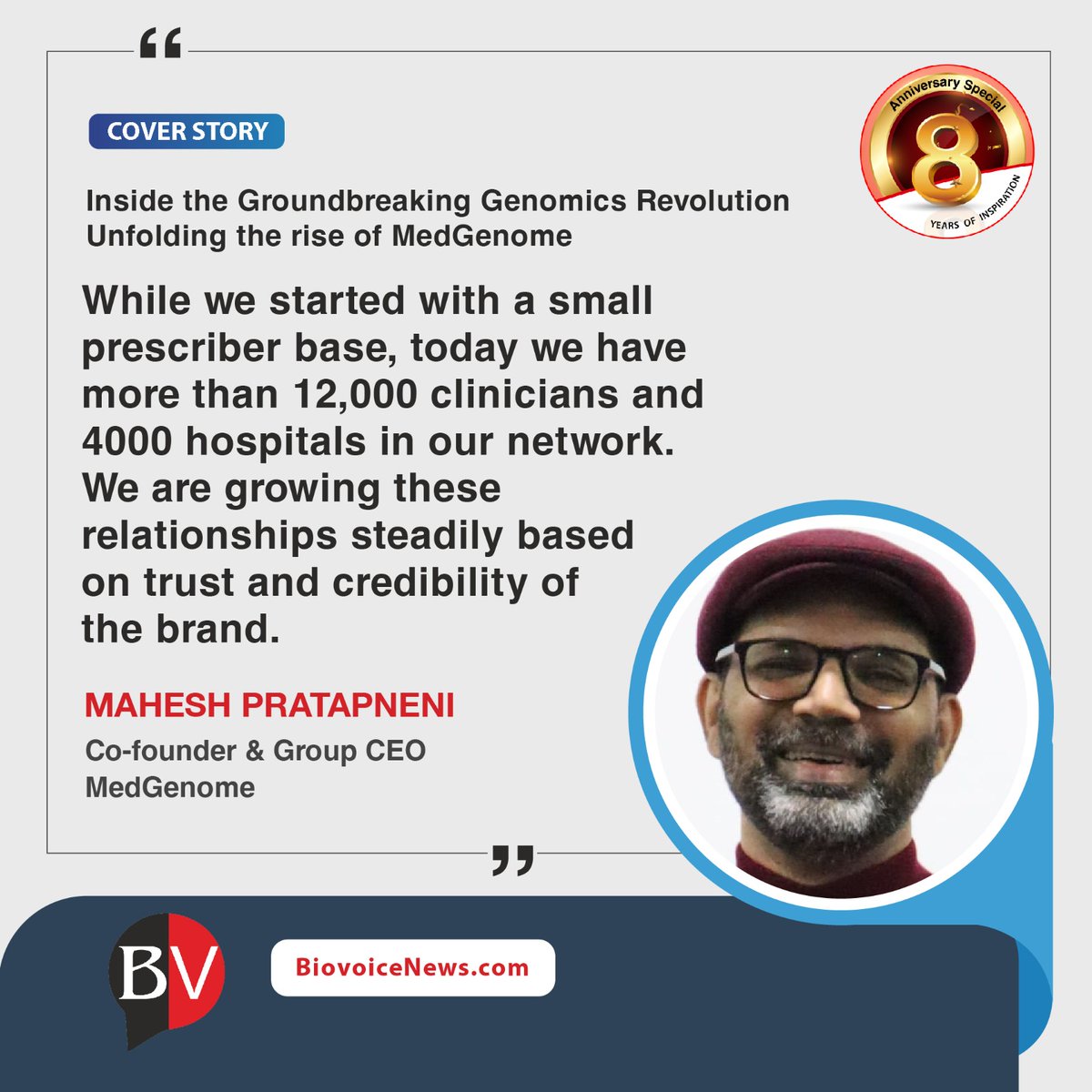 BiovoiceNews's tweet image. COVER STORY: “Our #diagnostics business has steadily grown over the past few years, and we now have over 60% of the #NGStesting market in India,&quot; informs Mahesh Pratapneni, Co-founder &amp;amp; Group CEO, @MedGenomeLabs. 

Read the latest eMag: tinyurl.com/5xhz9zc7 via #BioVoiceNews
