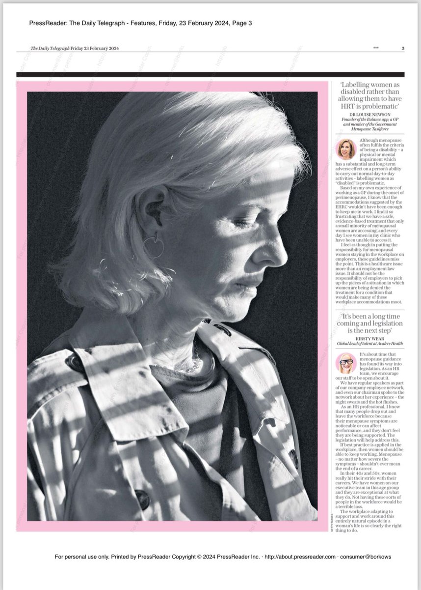 drlouisenewson's tweet image. More discussion about the new workplace menopause legislation in today's issue of the @dailytelegraph...