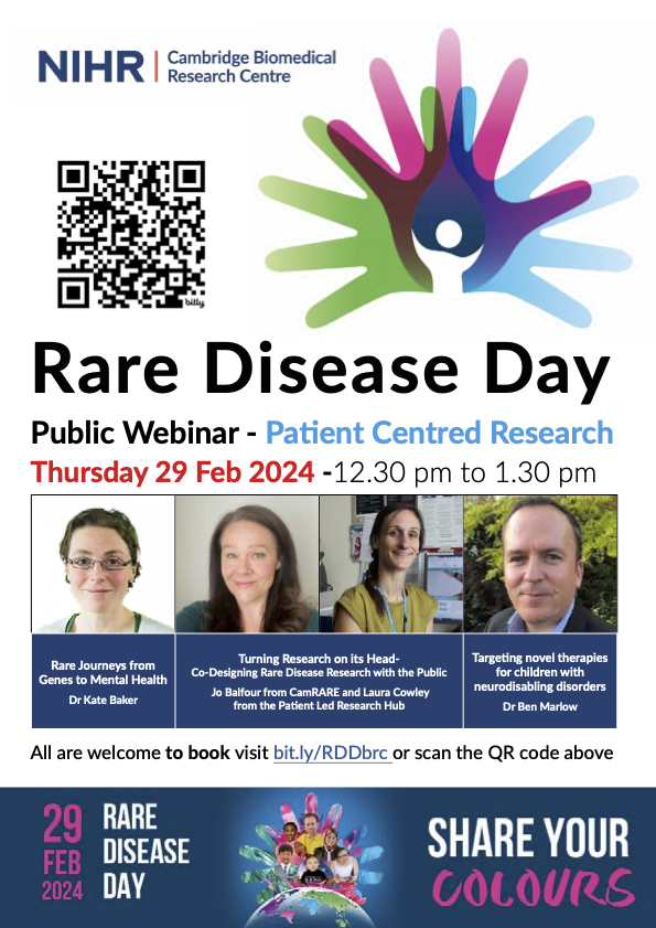camraredisease's tweet photo. Patient Centred Research webinar for #RareDiseaseDay with @CambridgeBRC
12:30 - 1:30 Thu 29 Feb
Speakers:
Dr Katy Baker @mrccbu
Jo Balfour CamRARE &amp; Laura Cowley @PLRH_Cambridge
Dr Ben Marlow @ESNEFT
A FREE event for anyone with a curiosity for research!
https://t.co/YeBgAxVCKT https://t.co/VAoNkNzQk2
