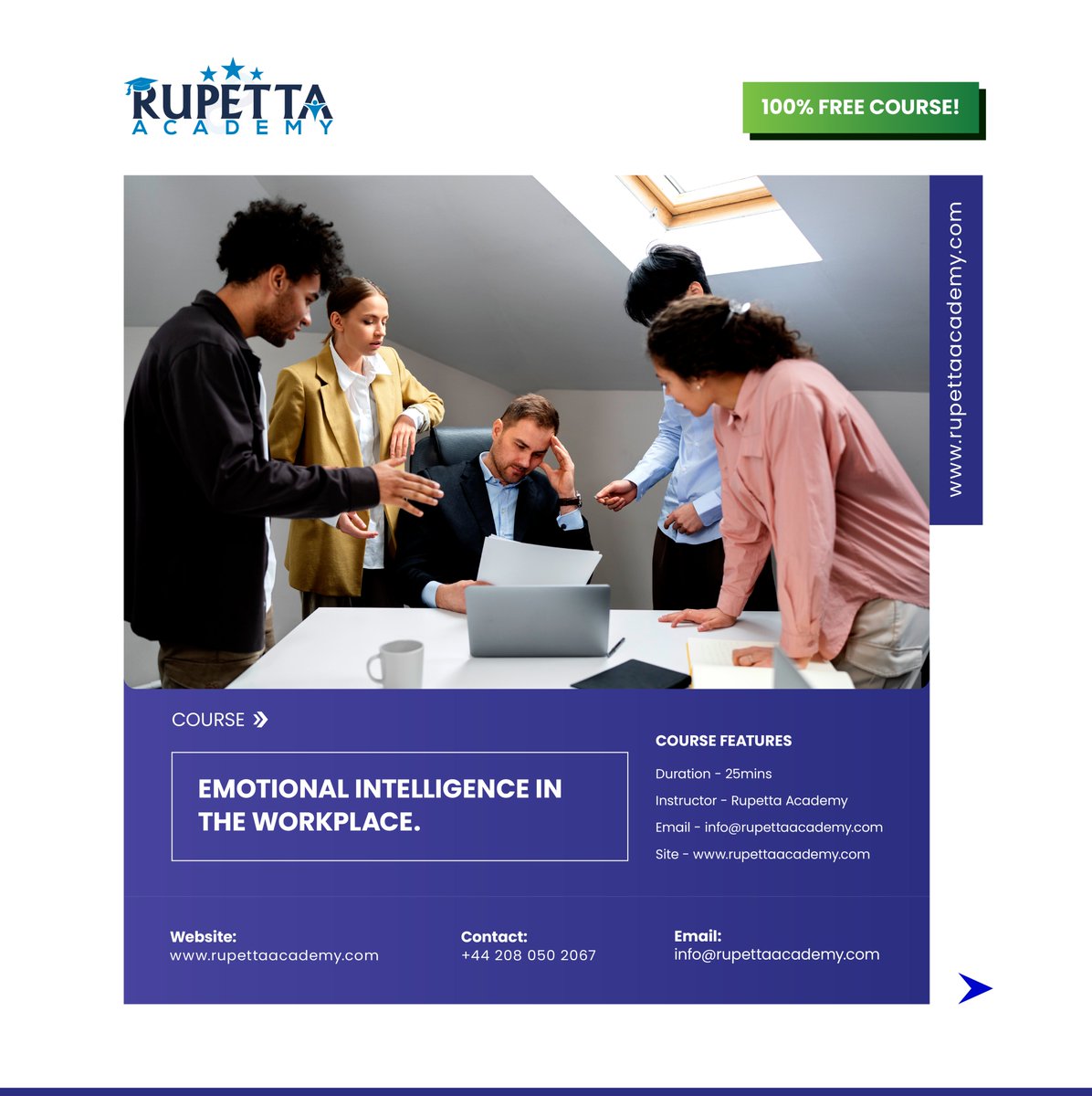 RupettaAcademy's tweet photo. Boost your career with our FREE Emotional Intelligence in the Office course. Learn to navigate emotions, build stronger relationships, and create a positive work environment! 🧠💼

#emotionalIntelligence #freecourse #free #workplacewellbeing #education #rupettaacademy https://t.co/ksTwCwisqD