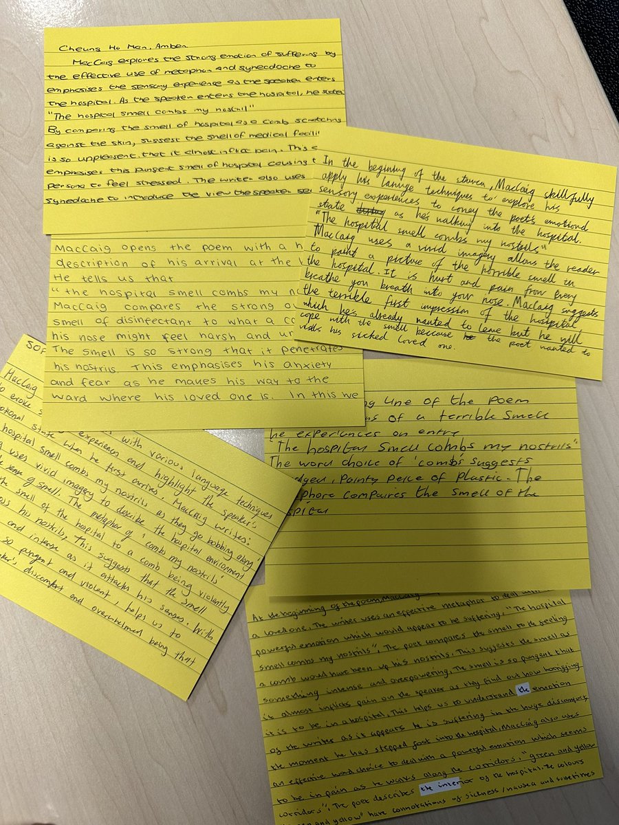 The Higher class were using whole class feedback to complete a yellow box marking task this morning - identifying their weakest critical essay paragraph and acting on the feedback to improve it. Written on flashcards for ease of submission and feedback. Some great progress made!