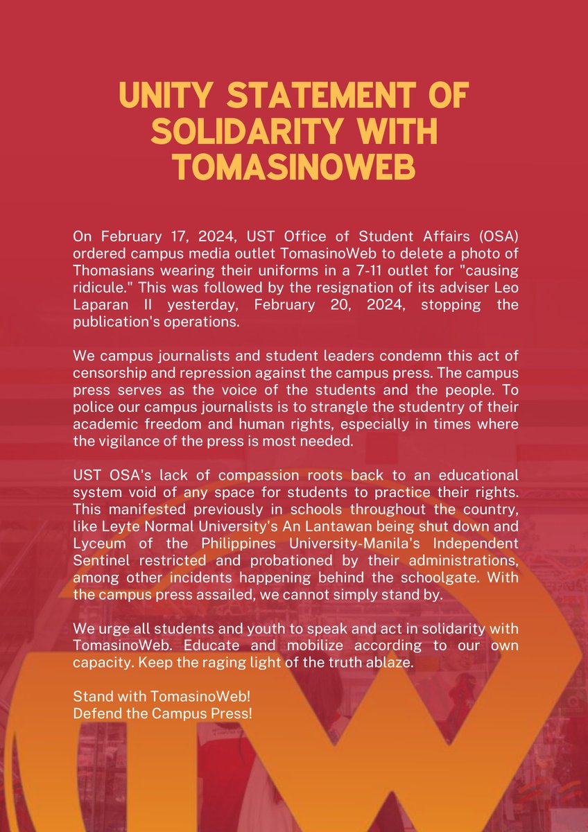 UNITY STATEMENT OF CAMPUS JOURNALISTS, STUDENT LEADERS, AND YOUTH IN SOLIDARITY WITH TOMASINOWEB!

SIGN THE STATEMENT HERE: tinyurl.com/STANDwithTomas…

#StandWithTomasinoWeb
#HoldTheLineTW
#DefendPressFreedom