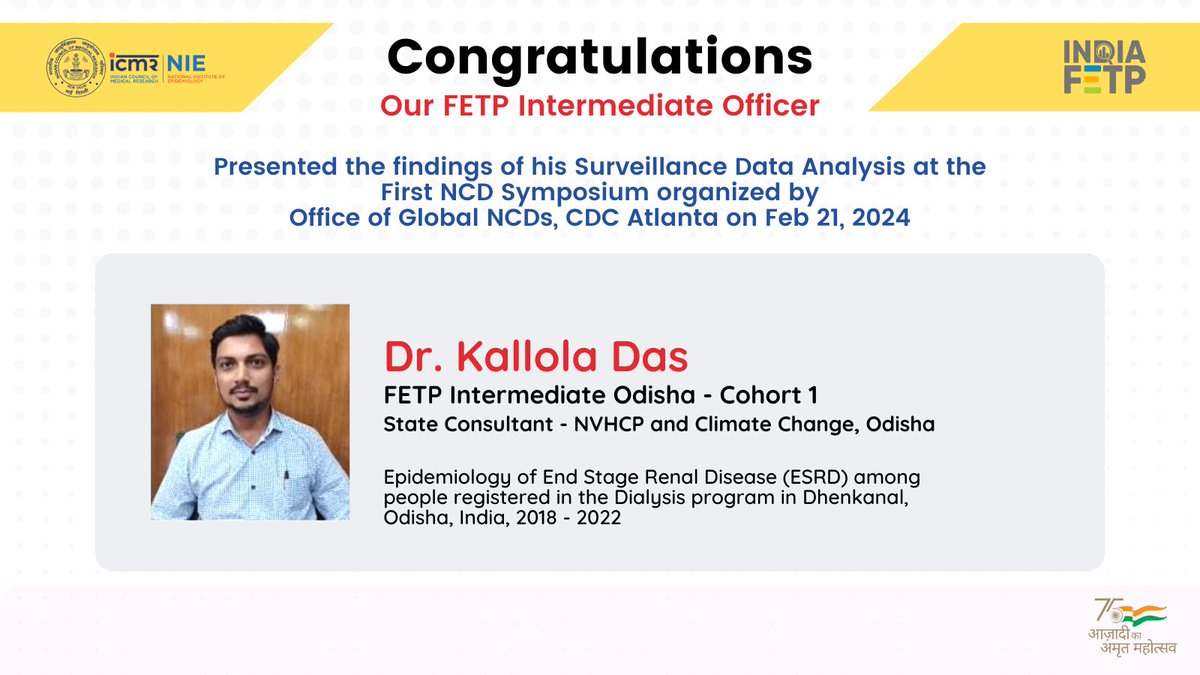 Kallola Das, our FETP Intermediate Officer presented his SDA on Epidemiology of End-Stage Renal Disease, Dhenkanal, Odisha at the first NCD symposium for 2024, organized by @CDCgov  

Ramya, our scientist & mentor #IndiaFETP was a panel mentor at the same 

@CDCFound @tephinet