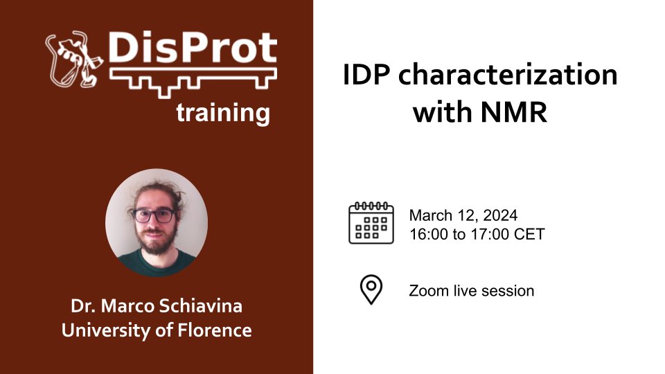 "DisProt Training:  IDP characterization with NMR"
🗓️ March 12, 2024 from 16:00 to 17:00 CET
📍Zoom live session
🗞️ find out more and register: disprot.org/biocuration