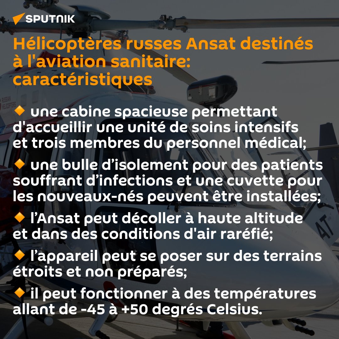 sputnik_afrique's tweet photo. Que sait-on des hélicoptères russes #Ansat qui forment le noyau de l’aviation médicale au #Zimbabwe?
Le géant russe #Rostec prévoit de livrer au pays 60 appareils d'ici 2025.
Sputnik Afrique explique les caractéristiques de ces engins destinés à l’évacuation aérienne 👇🏻 https://t.co/CKAkyNYzL8