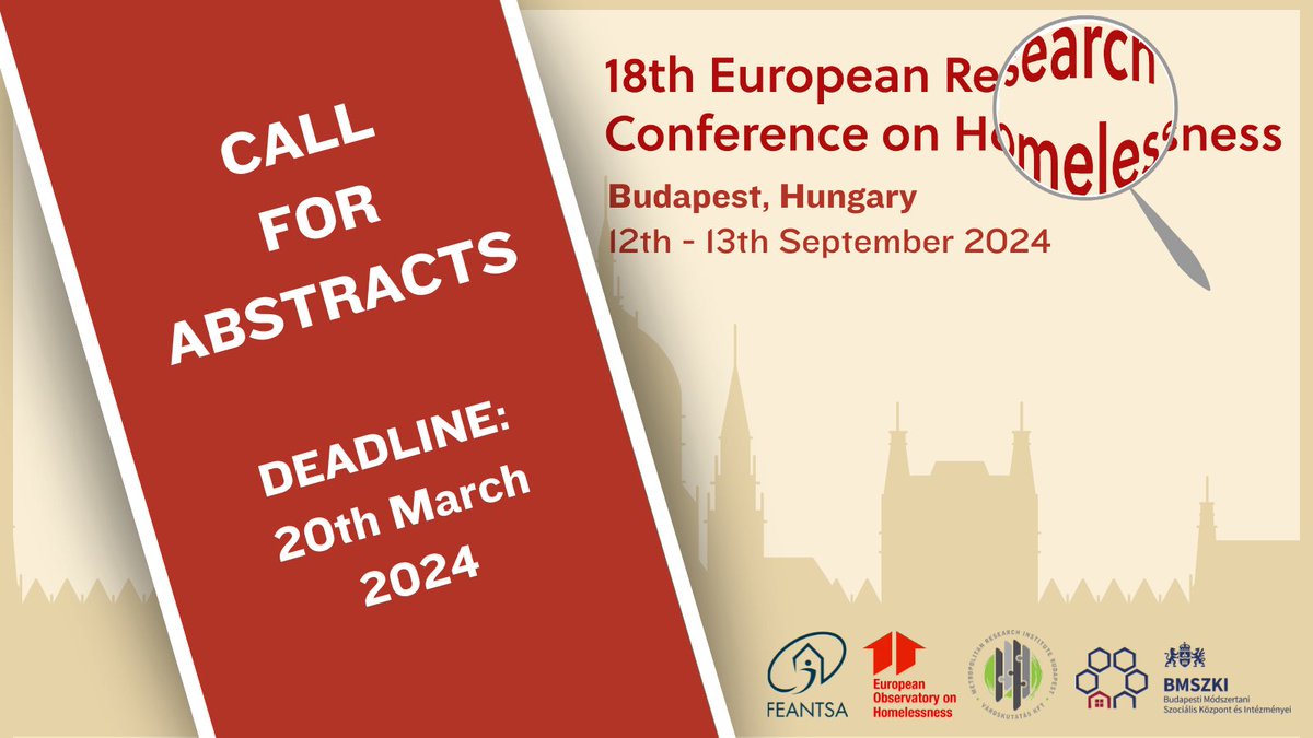 Call for Abstracts❗️ You can now, and until the 20th of March, submit your abstract for the 18th European Research Conference on Homelessness 📑, hosted by the European Observatory of Homelessness, the Metropolitan Research Institute & BMSZKI. 🔗 bit.ly/4bm2fqf