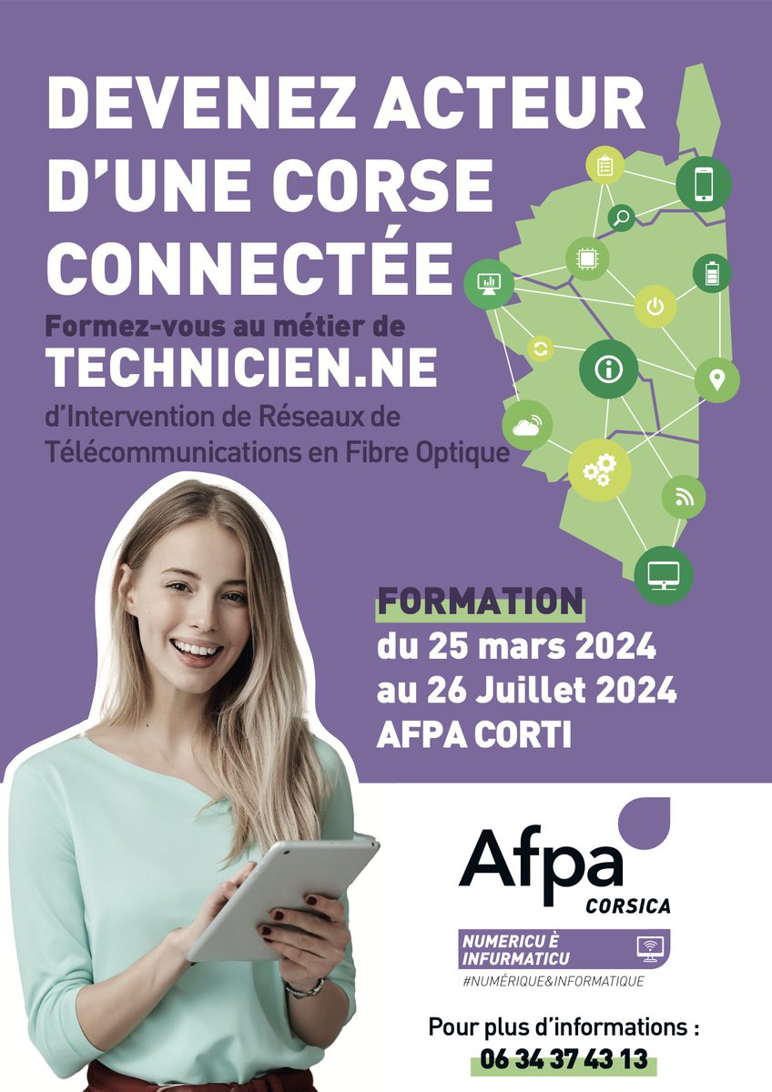 AFPA_CORSE's tweet photo. #FORMATION ✨

Devenez acteur d'une Corse connectée ! 💪

🚀 Rejoignez la formation "Technicien/ne d'Intervention de Réseaux de Télécommunications en Fibre Optique" au centre Afpa Corti

Pour tout renseignement :
📲 06 34 37 43 13
📩 afpa-relationsclients.corse@afpa.fr https://t.co/XIeRC17hIo