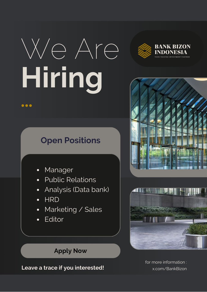 ️️️️ 
Bank Bizon Indonesia membuka lowongan pekerjaan untuk kalian yang masih mencari tempat bernaung. Silahkan tinggalkan jejak di bawah ini atau hubungi langsung ke dm <a href="/BankBizon/">Bank Bizon Indonesia</a>. Terima kasih! 
️️️️