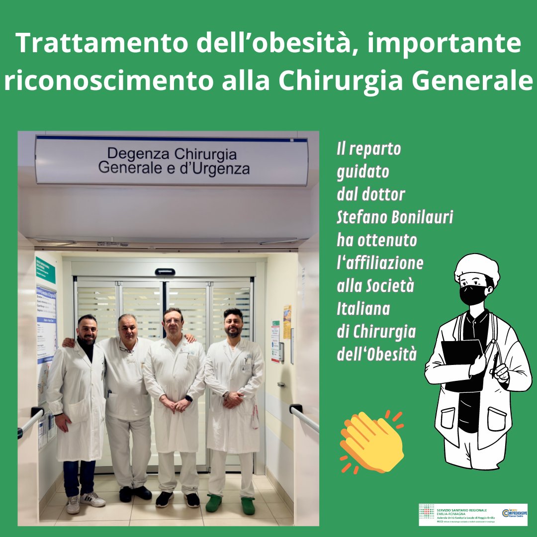 Trattamento dell’obesità, la Chirurgia Generale e d’Urgenza del Santa Maria Nuova di @ComuneRE  diretta da Stefano Bonilauri é stata individuata come Centro affiliato alla Società italiana di Chirurgia dell’Obesità e delle malattie metaboliche per il 2024.tinyurl.com/49n7esws
