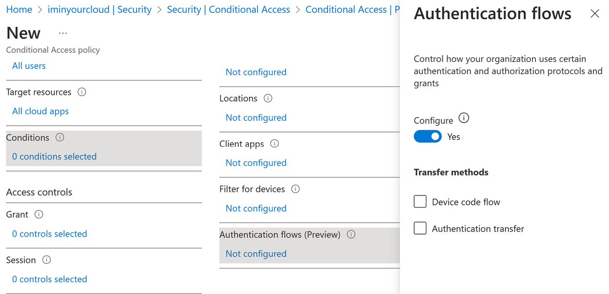 👀 looks like Microsoft started with rolling out the Conditional Access features for controlling device code flow auth that I mentioned in my last blog  dirkjanm.io/phishing-for-m…. Seems to be in preview, not in all tenants yet.