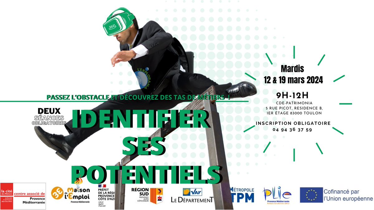 MDE_PM's tweet photo. Ateliers Identifier ses potentiels les 12 et 19 mars 2024 à #toulon animés par la @MDE_PM avec les outils #Explorama et #metiers360 Inscription obligatoire 😉#emploi #orientationprofessionnelle #insertion #casqueRV
https://t.co/EExQHYvJ0M https://t.co/JyD55sBhVY