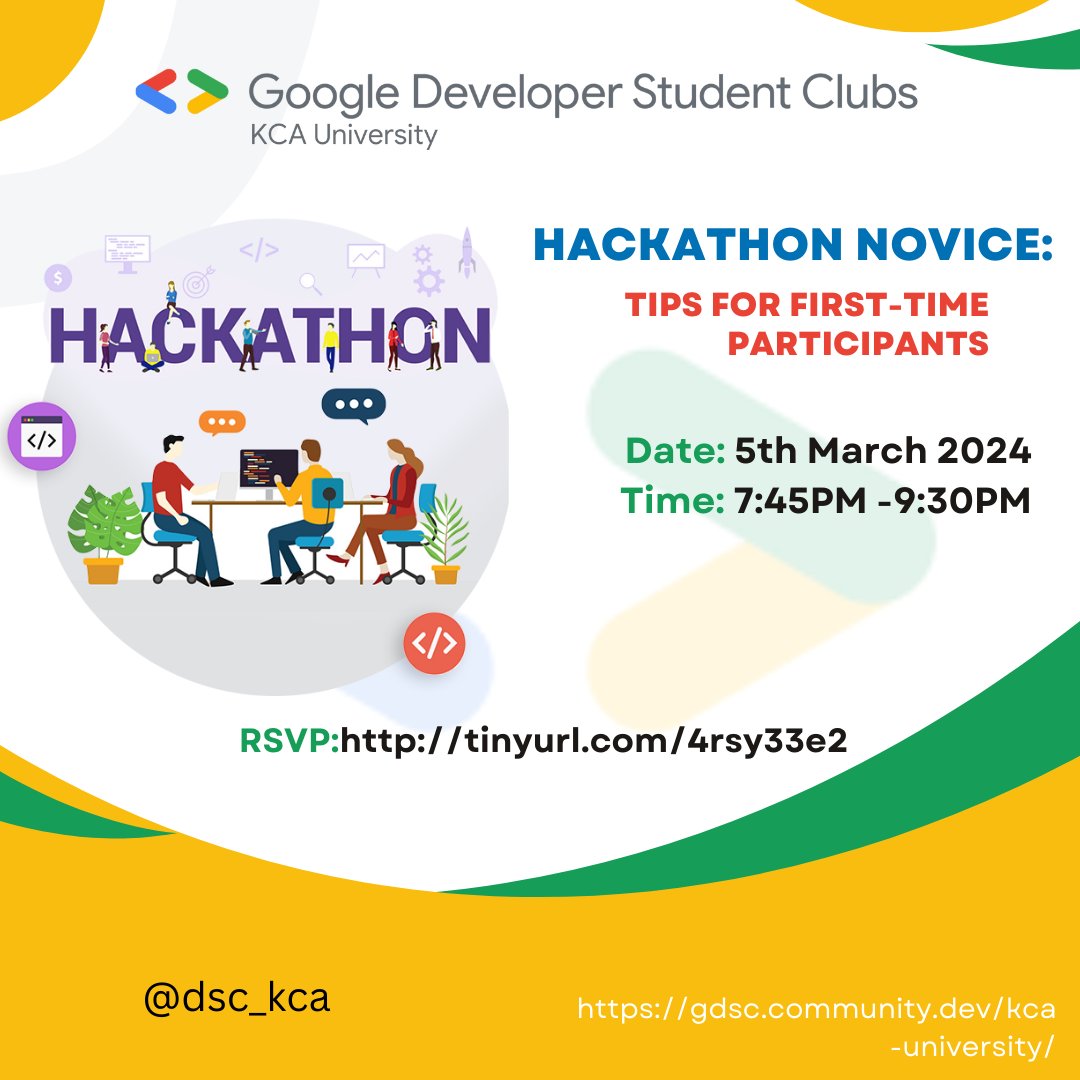 gdgoc_kca's tweet image. 🚀 Join us for &quot;Hacking Your First Hackathon&quot;! 🚀

🗓️ Date: March 5th 🕒 Time: 7:45 PM - 9:30 PM
Ready to rock your first hackathon? Learn everything you need to know from forming teams to presenting projects. RSVP now: tinyurl.com/4rsy33e2 🎉

See you there! 🚀✨