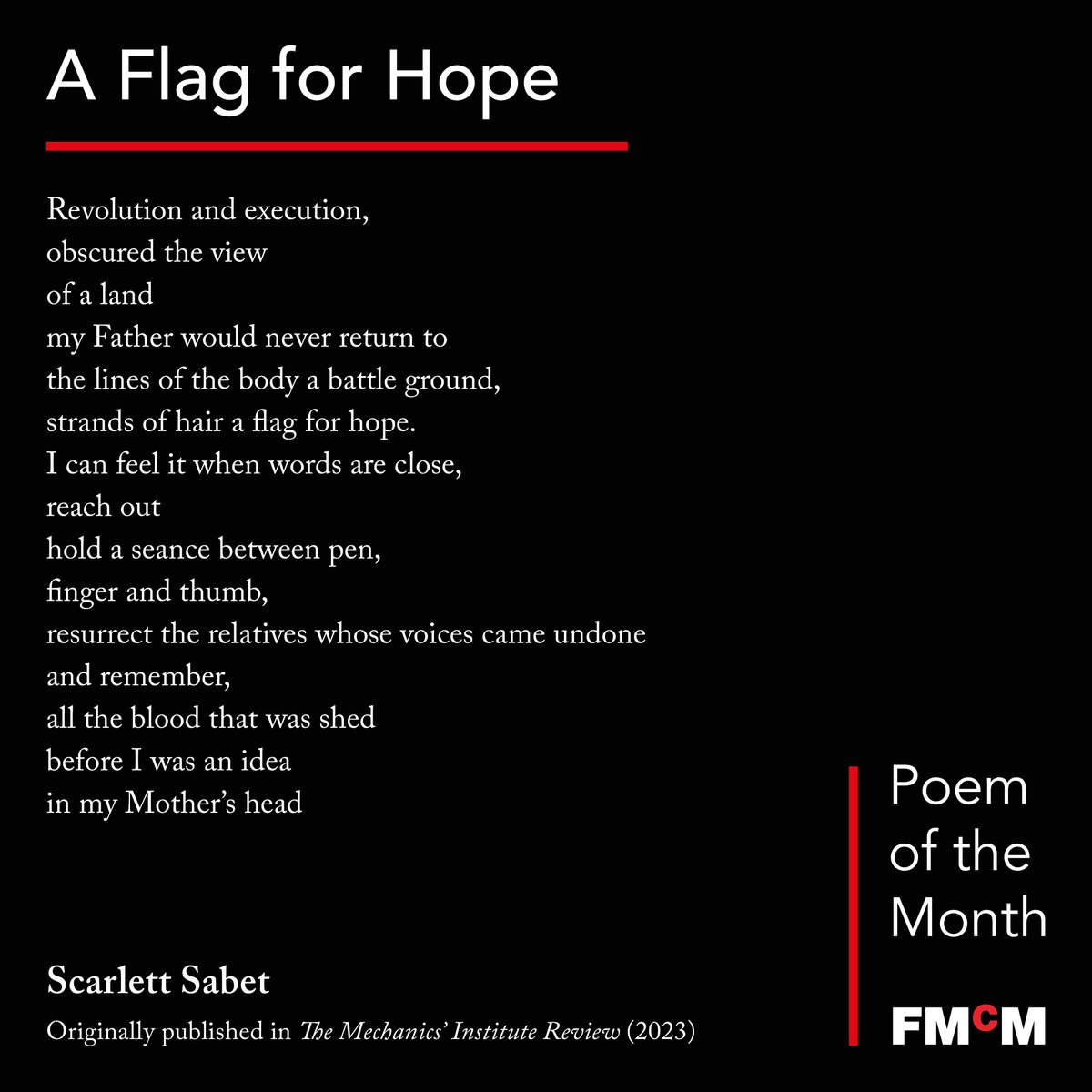 We’re delighted to share the second poem in our new monthly series! ✨ 'A Flag for Hope' by @ScarlettSabet was originally published in @mironlinebbk, alongside an inspiring interview on Scarlett's approach to writing. Read the full piece here: mironline.org/poem-interview…