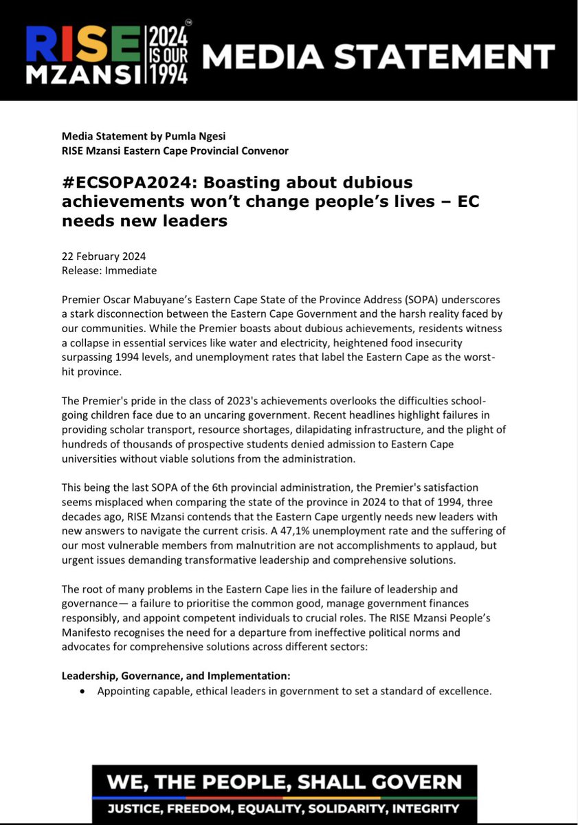 RiseMzansiEC's tweet photo. Media Statement by Pumla Ngesi
RISE Mzansi Eastern Cape Provincial Convenor
#ECSOPA Boasting about dubious
achievements won’t change people’s lives – EC needs new leaders!
#VoteRISEMzansi
#ForThePeopleByThePeople
#WeNeedNewLeaders
#2024IsOur1994 https://t.co/tWQqHT8X0A