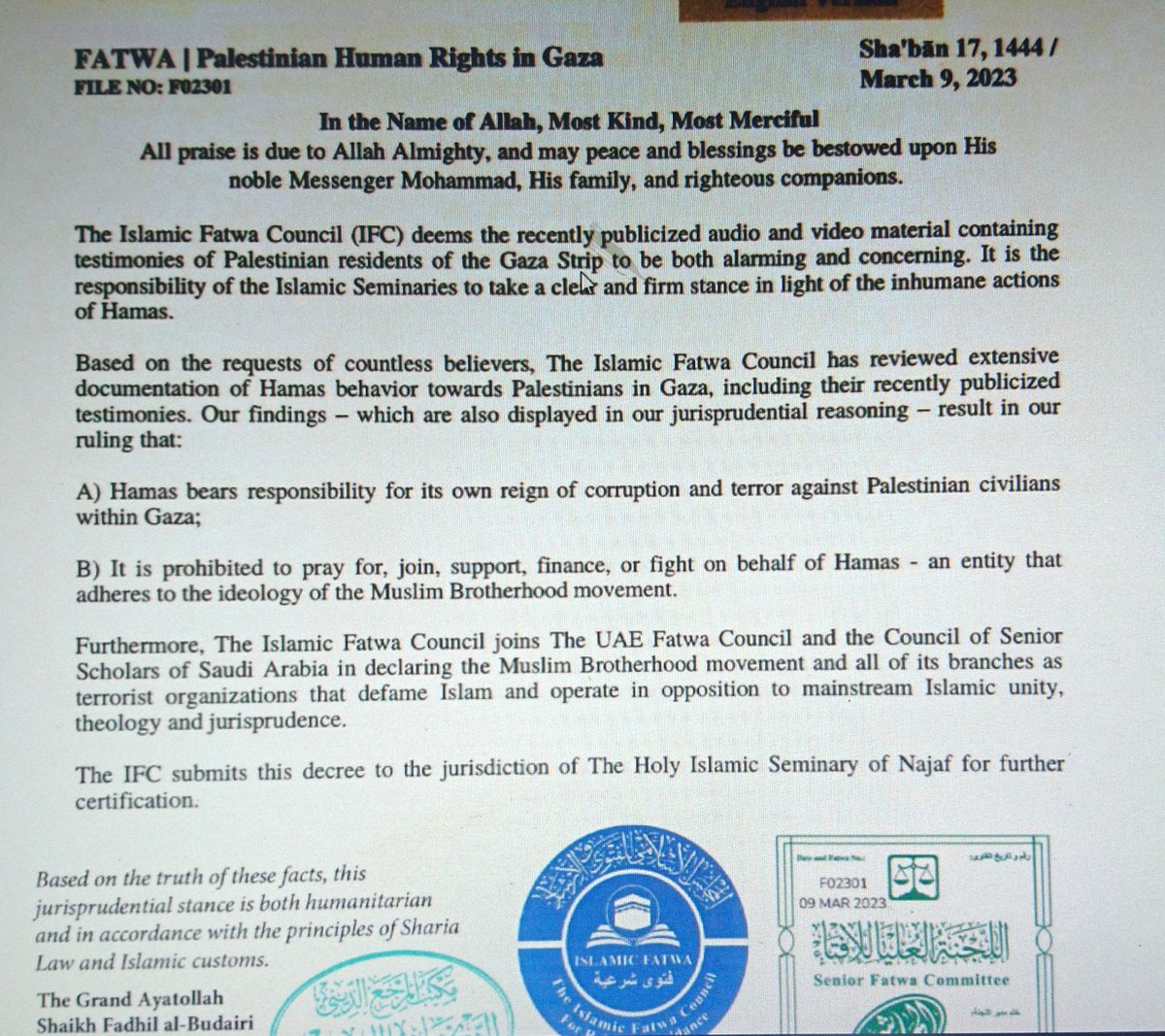 StorionesGhost's tweet image. The #Fatwas against Hamas and the Muslim Brotherhood for crimes against the Palestinian People are taking effect, applies in KSA, UAE, Egypt, Iraq and other areas. Support for Hamas has always been conditional and now they have broke the conditions