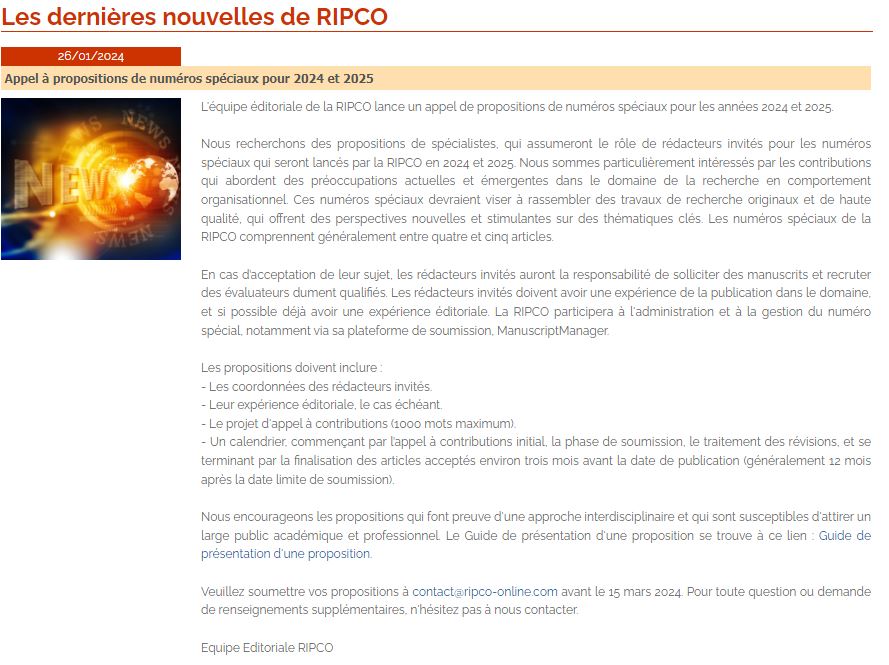 📢L’équipe éditoriale de la RIPCO lance un appel de propositions de numéros spéciaux pour les années 2024 et 2025🚀

👉Pour en savoir plus : ripco-online.com/fr/accueil.asp