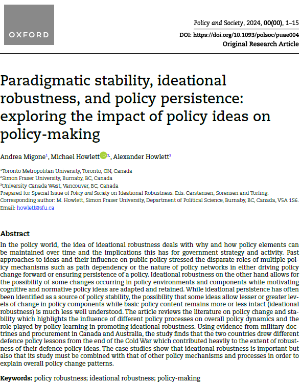 📢🆕Early view❗️ What is the impact of policy #ideas on policy-making❓ @Andrea_Migone, @howlettm & @Suetonius_ explore the role of policy #learning on policy #robustness with a focus on #defence policy in 🇦🇺&🇨🇦👇 academic.oup.com/policyandsocie…