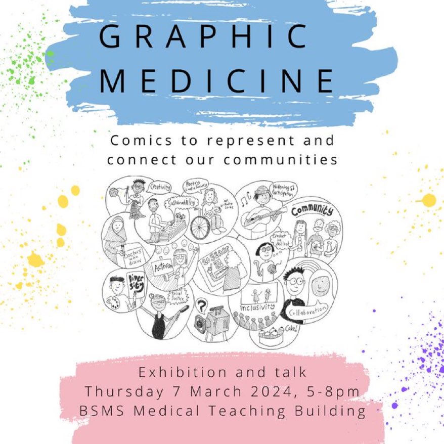 On 7th March three of my favourite people from the world of graphic medicine @OPWhisperer @TheBadDr & @inksplattery will be speaking alongside Eliza Fricker, who we can’t wait to welcome to @BSMSMedSchool . Great exhibition curated by @TheBadDr as well. bit.ly/4boDry1