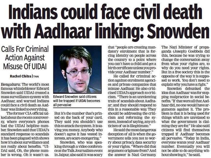 sumonseng's tweet photo. Infact @Snowden had predicted that linking of #Aadhaar will lead us to #CivilDeath. No one will be spared. When will the opposition understand this ? https://t.co/Kg6xUiNQEE