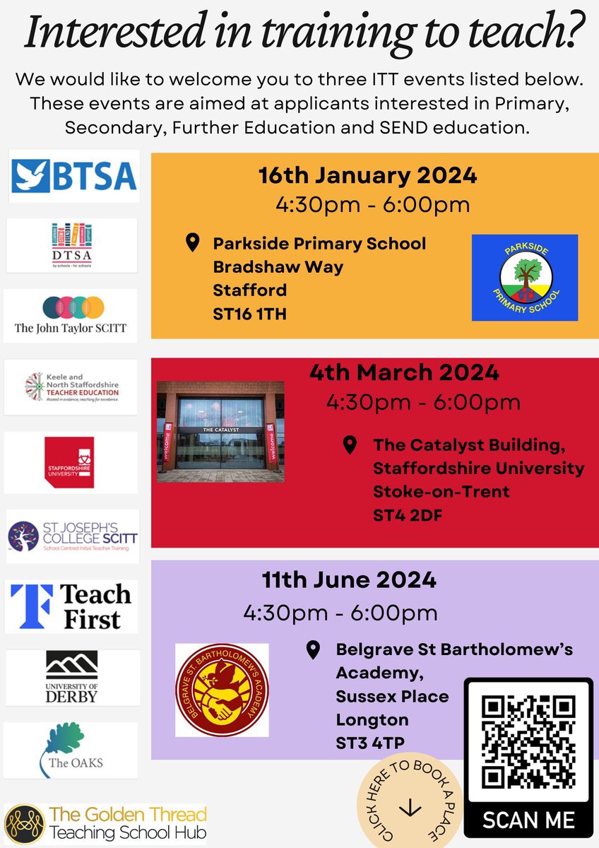 Don't forget to book a place to visit us at the below locations!
These events are so important to get a taster of the different ITT providers near you 📚 Inspire the next generation with your fabulous skills and knowledge!

#getintoteaching #traintoteach