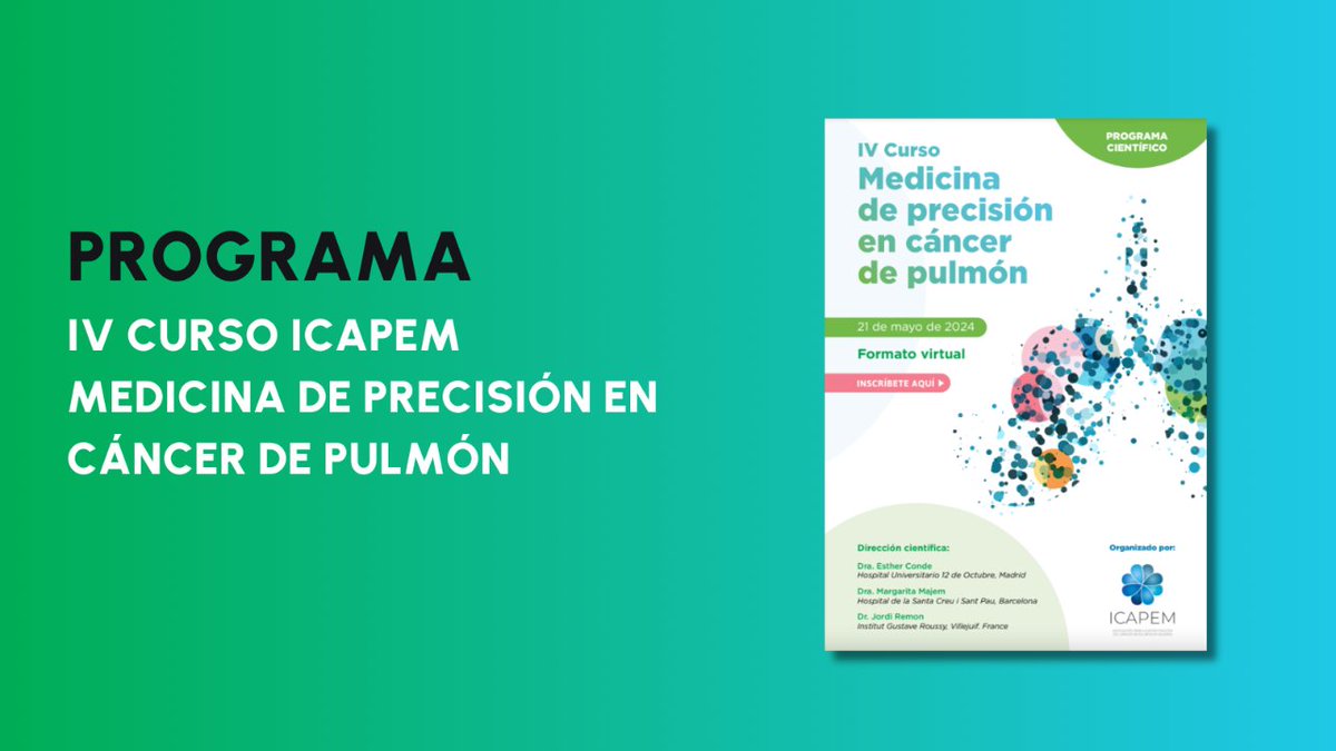 Ya disponible el programa del IV Curso de #MedicinadePrecisión en #CáncerdePulmón de @ICAPEM_vida

Acompañamos a los Dres. <a href="/EstherConde9/">Esther Conde MD, PhD</a>, Margarita Majem y <a href="/JordiRemon/">Jordi Remon</a>

📆 21 de mayo | Virtual

Reserva tu plaza ➡ i.mtr.cool/wuutzwdrxh

#MásQueCongresos💙 #FMC