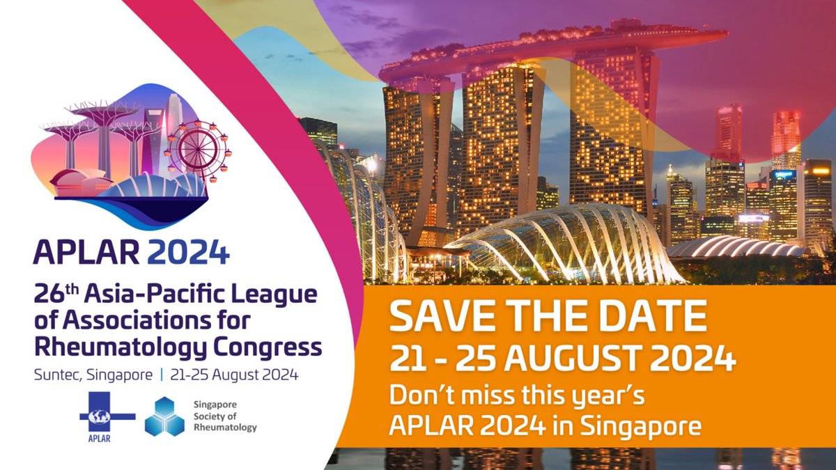 Exciting news for all our colleagues in the field of rheumatology! #APLAR24 is coming to Suntec, Singapore from 21 - 25 August 2024. Visit the newly launched APLAR 2024 website to find out more: tinyurl.com/APLAR24-Homepa… #rheumatology #arthritis #osteoarthritis