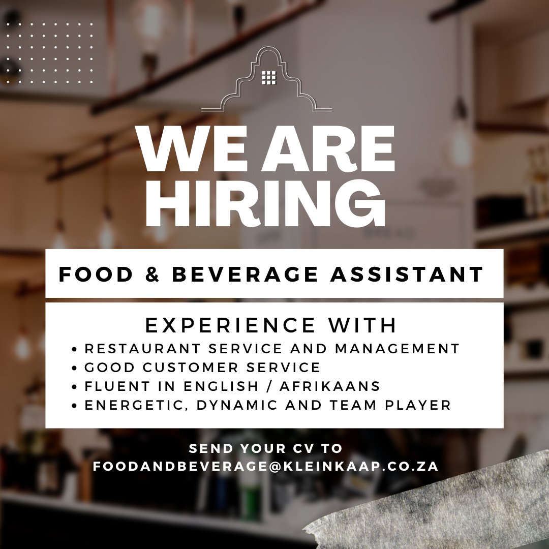 Kleinkaap Restaurant in Centurion is on the lookout for a skilled and experienced Food and Beverage Assistant to join our team! 📷
If you are energetic, dynamic and a team player, send your CV to foodandbeverage@kleinkaap.co.za📷
#kleinkaap #centurion #werehiring #recruiting