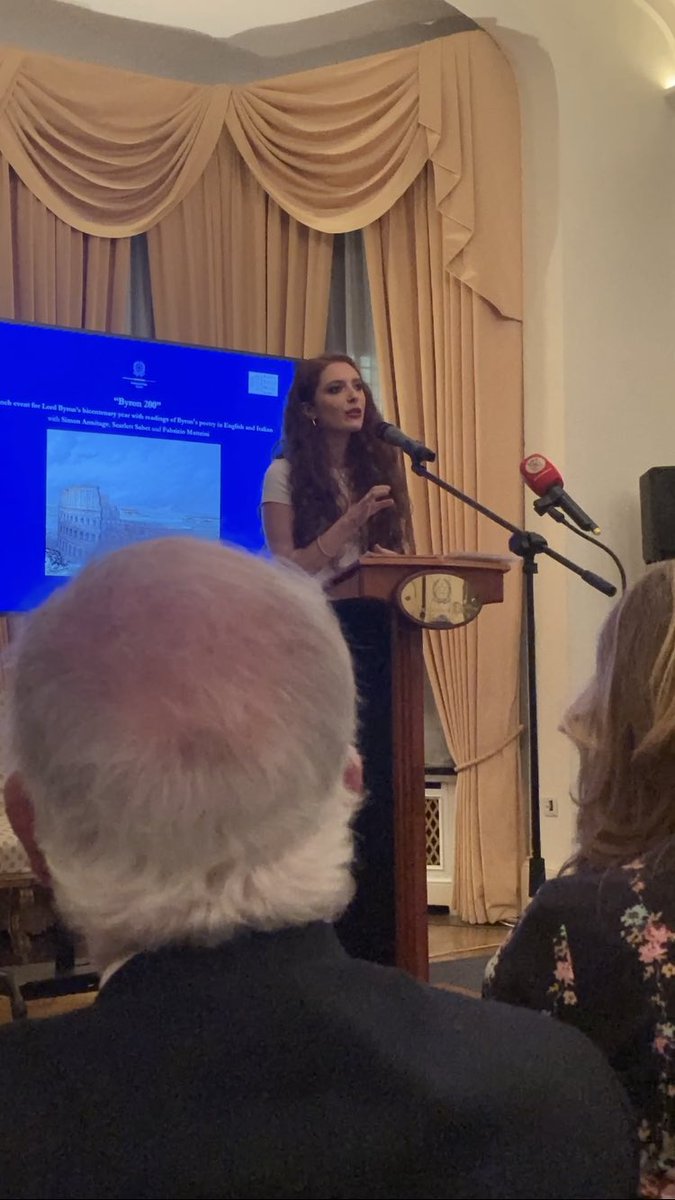 Earlier this week @ScarlettSabet read ‘A Flag for Hope’ at the Italian Embassy (@ItalyinLDN) for a celebration of Lord Byron’s Bicentenary alongside Poet Laureate Simon Armitage, curated by the @Keats_Shelley. Scarlett will be Poet in Residence for Byron’s Bicentenary in 2024 🖊️