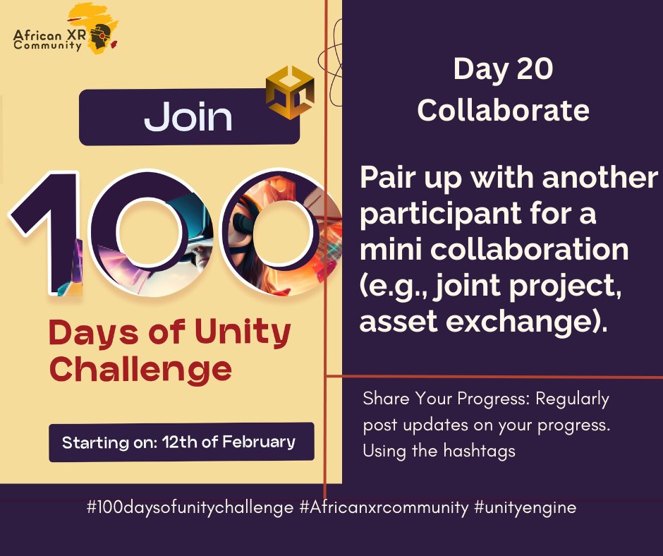 AxrCommunity's tweet image. Day 20: Collaborate: 🤝Teaming up for greatness! Partnering with fellow creators—sharing assets, ideas, and inspiration. Unity is better together! #Collaboration #UnityCommunity #100daysofunitychallenge