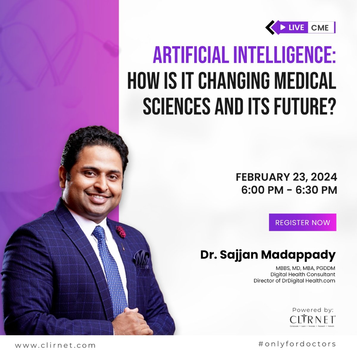 dynamicsajjan's tweet image. Invited as a guest speaker by Clirnet on topic : &quot;Artificial Intelligence - How is It Changing Medical Sciences and Its Future?&quot; Here is the link to join for Doctors: clrn.in/wMnPK # #artificialintelligence #aihealth #aihealthcare #digitalhealth #digitalhealthcare