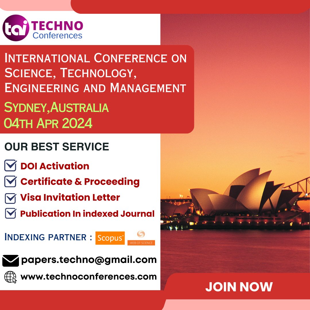 techno_conf's tweet image. International Conference on Science, Technology, Engineering and Management (ICRASTEM).
Save the date: 04th April 2024
Venue: Sydney, Australia
Event Page Link : technoconferences.com/Conference/128…

#technoconference #upcomingconference #conference2024 #conferenceinsydney #scienceconference