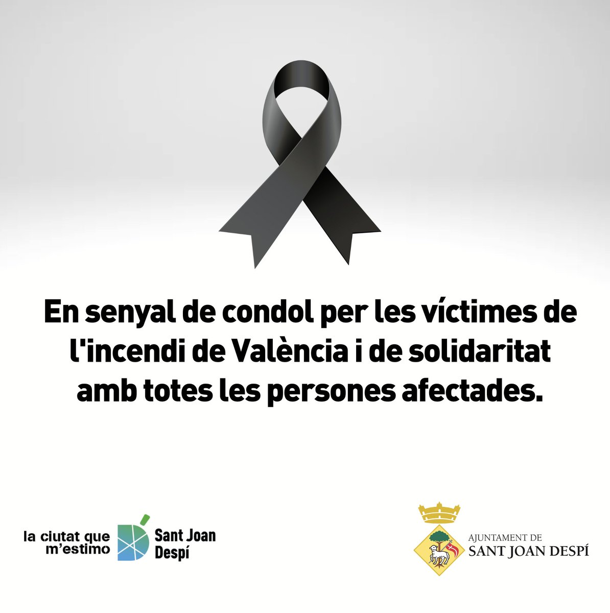 Des de #SantJoanDespí traslladem el condol de la ciutat per les víctimes de l'incendi de València i la solidaritat amb totes les persones afectades. A la vegada, expressem el nostre més gran agraïment a les persones i serveis que estan col·laborant en aquesta emergència.